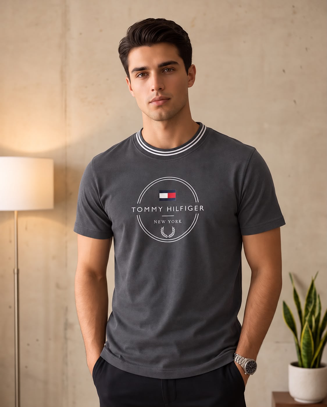 Camiseta Tommy Hilfiger New York gris oscuro combinada con pantalón claro