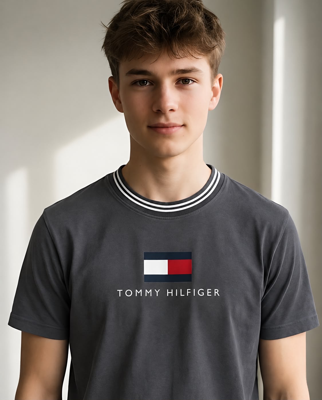 Detalle de bandera tricolor, texto Tommy Hilfiger y cuello de rayas blancas