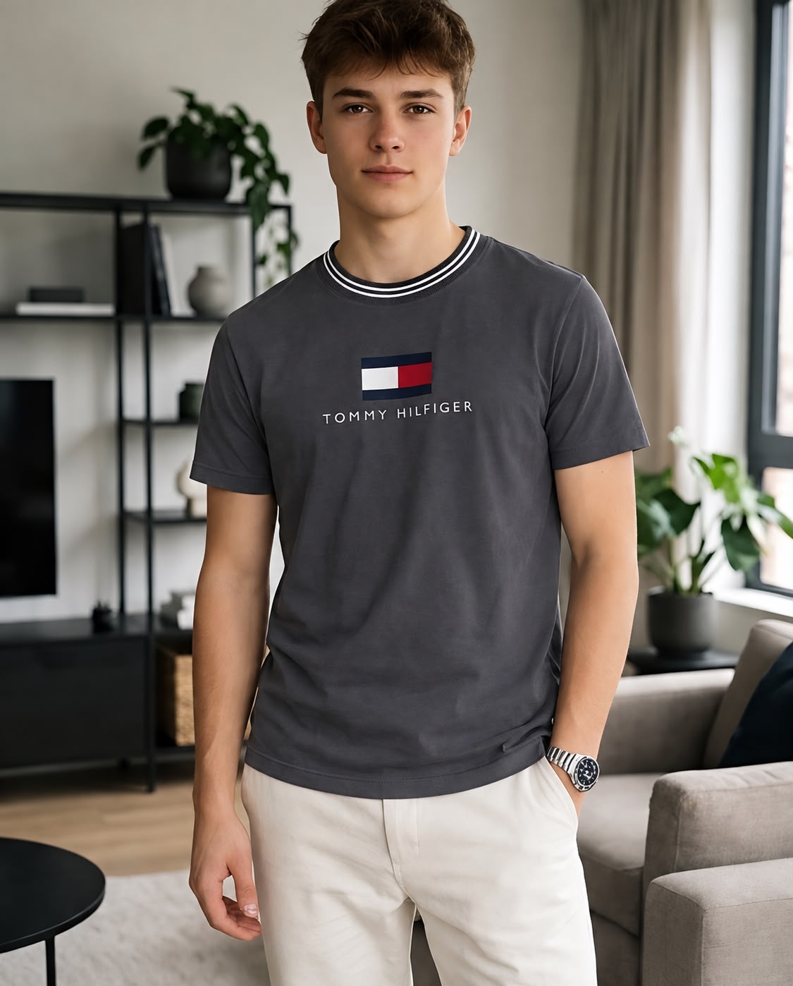 Camiseta gris oscuro Tommy Hilfiger bandera central combinada con pantalón claro