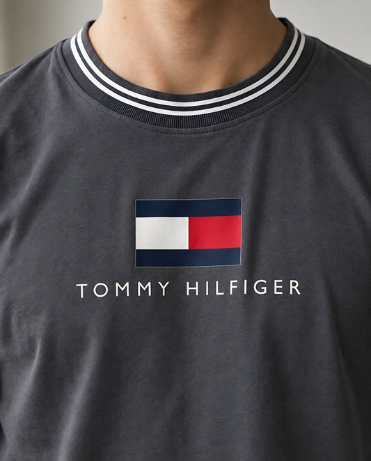 Camiseta Tommy Hilfiger gris oscuro con bandera central, vista frontal
