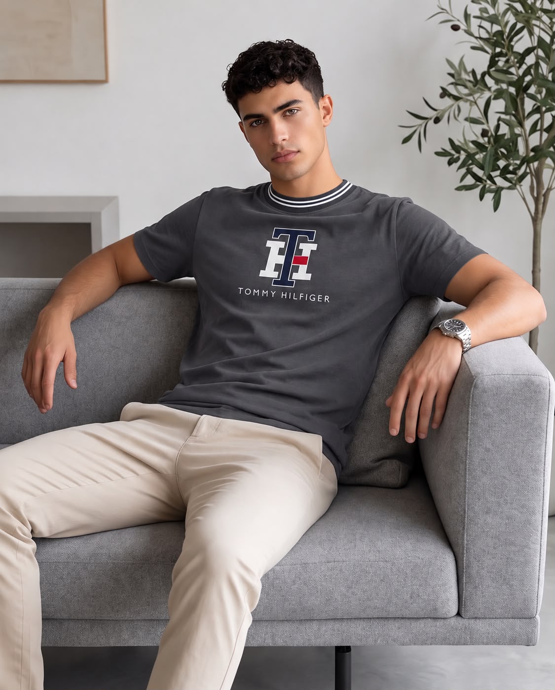 Camiseta Tommy Hilfiger gris oscuro combinada con pantalón beige
