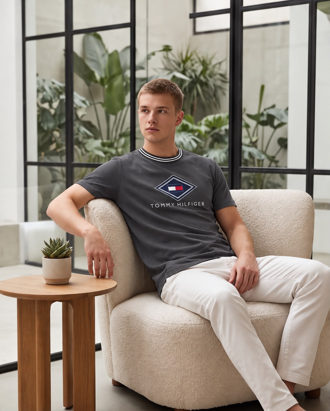 Camiseta Tommy Hilfiger bandera en rombo en look casual sentado