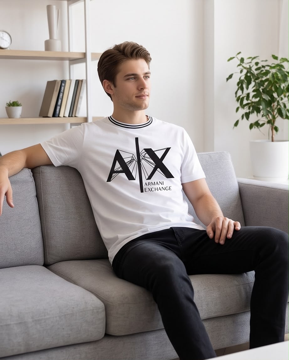 Camiseta Blanca Armani Exchange Líneas Geométricas Cuello Rayado Regular Fit