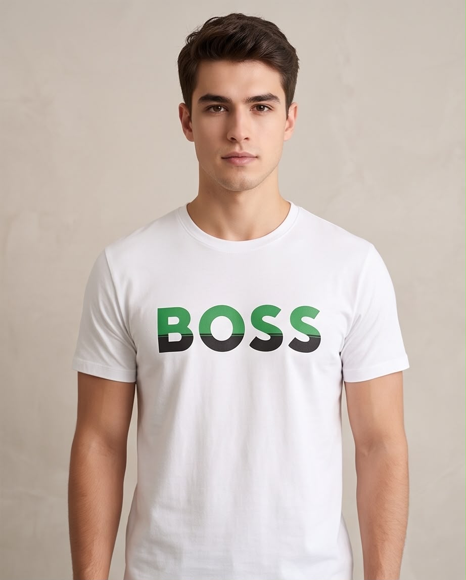 Camiseta Blanca BOSS Letras Verde y Negro Regular Fit