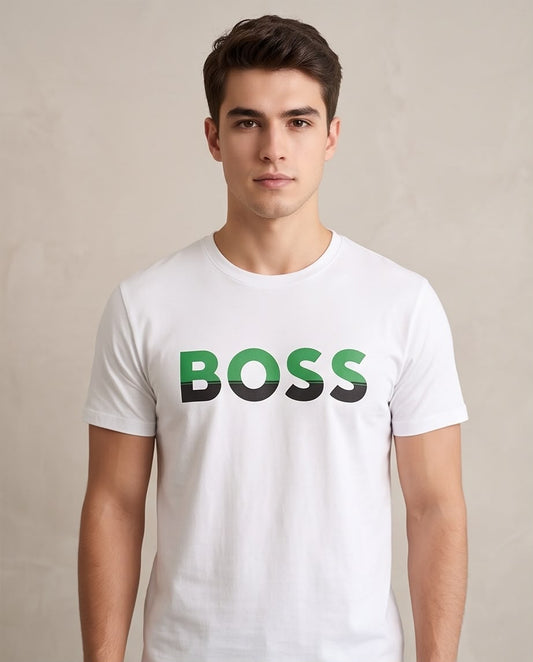 Camiseta Blanca BOSS Letras Verde y Negro Regular Fit