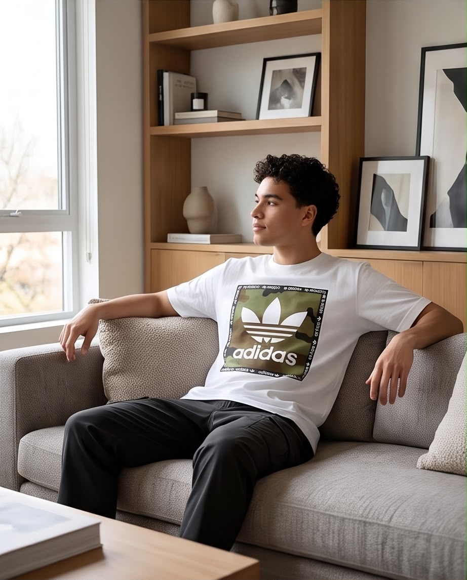 Camiseta Blanca adidas Camuflada con Borde de Logos Regular Fit