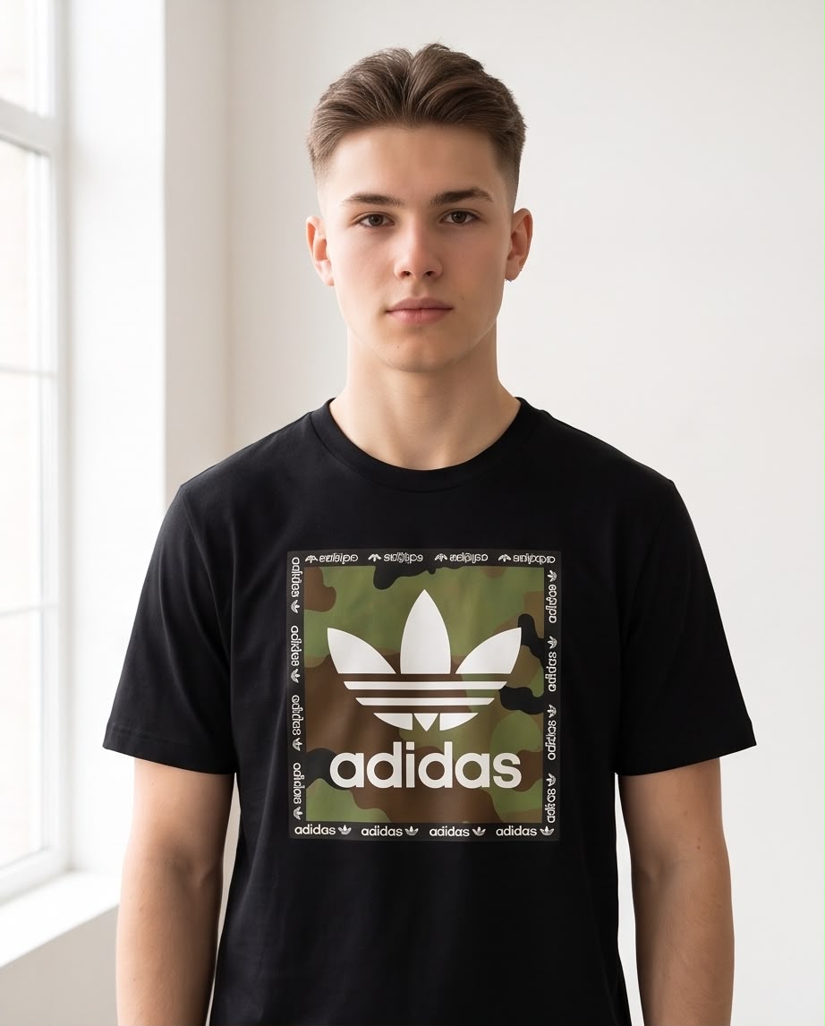 Camiseta Negra adidas Camuflada con Borde de Logos Regular Fit