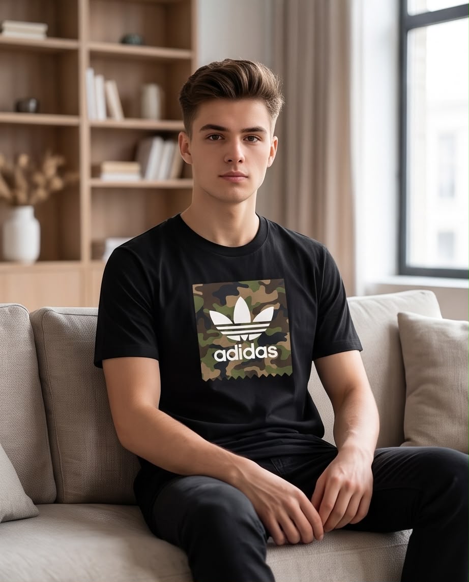 Camiseta Negra con Estampado adidas Camuflado Regular Fit