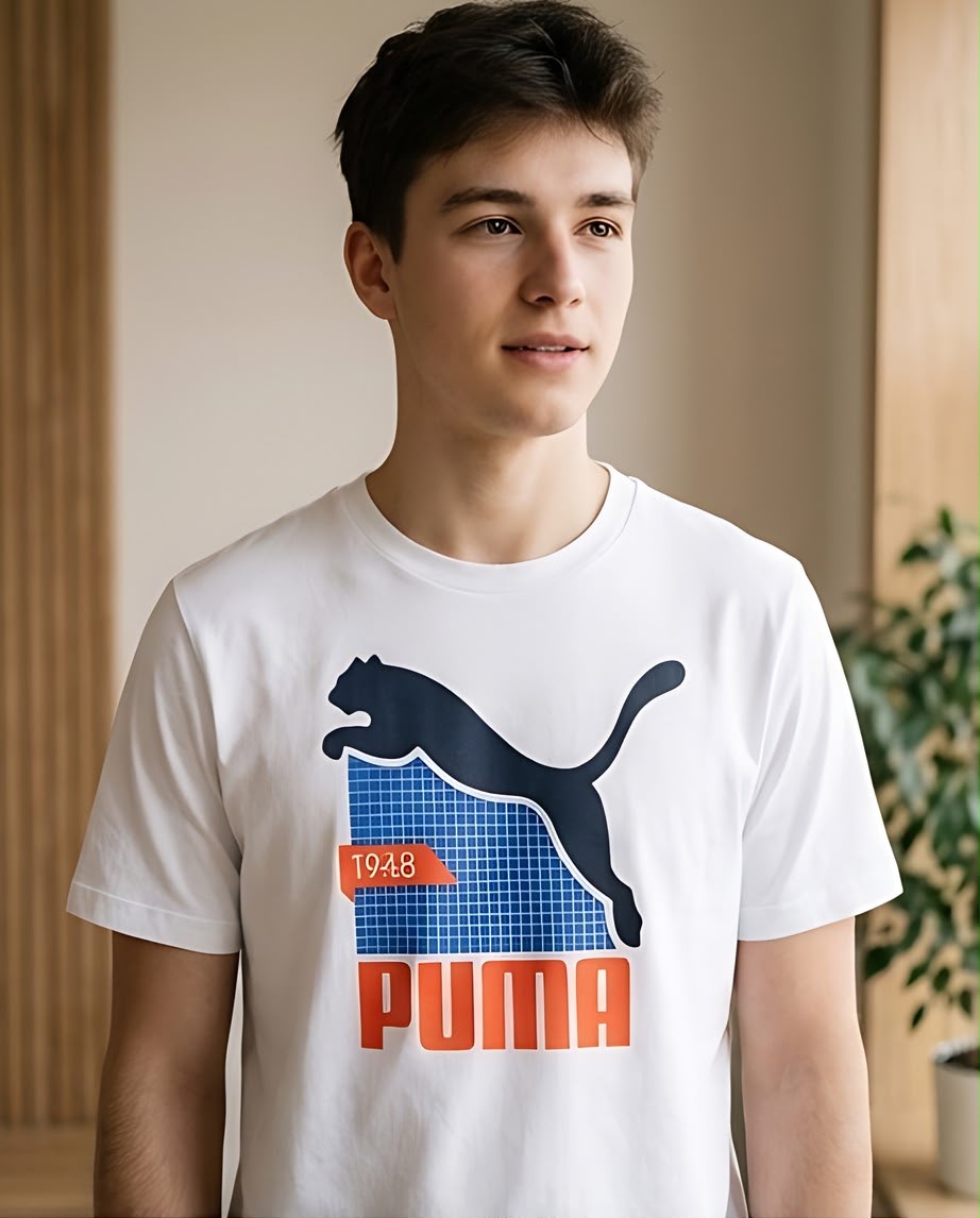 Camiseta Blanca con Estampado PUMA Azul y Naranja Regular Fit