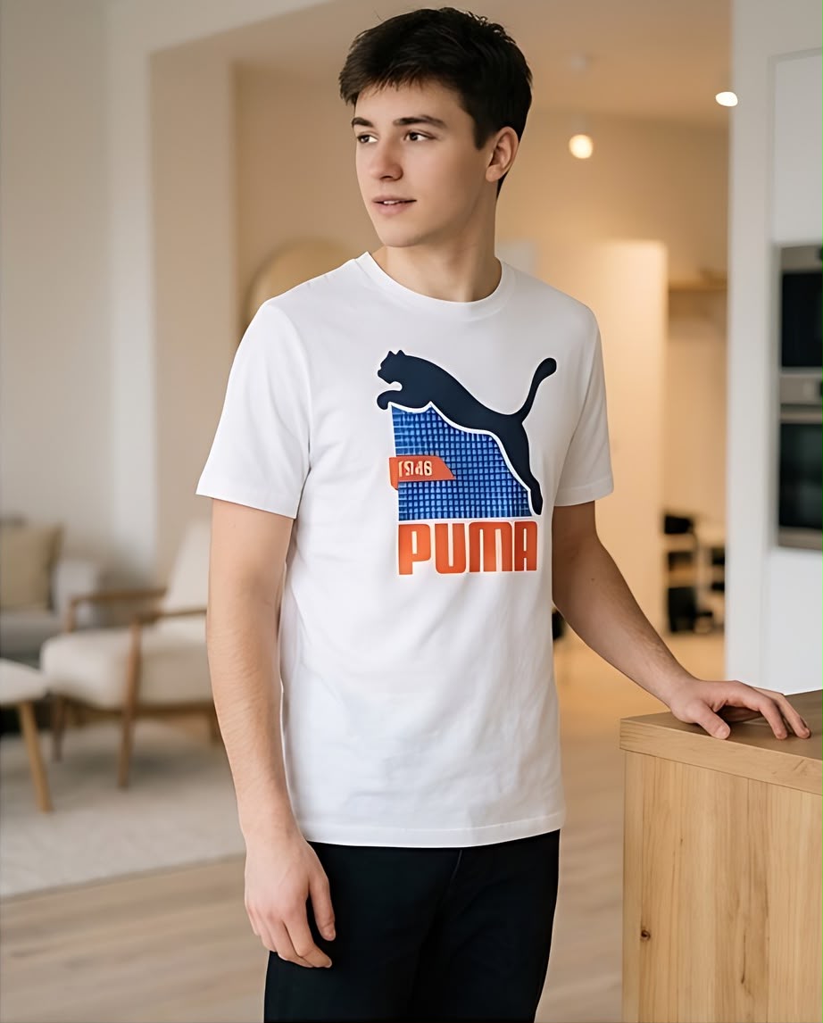 Camiseta Blanca con Estampado PUMA Azul y Naranja Regular Fit
