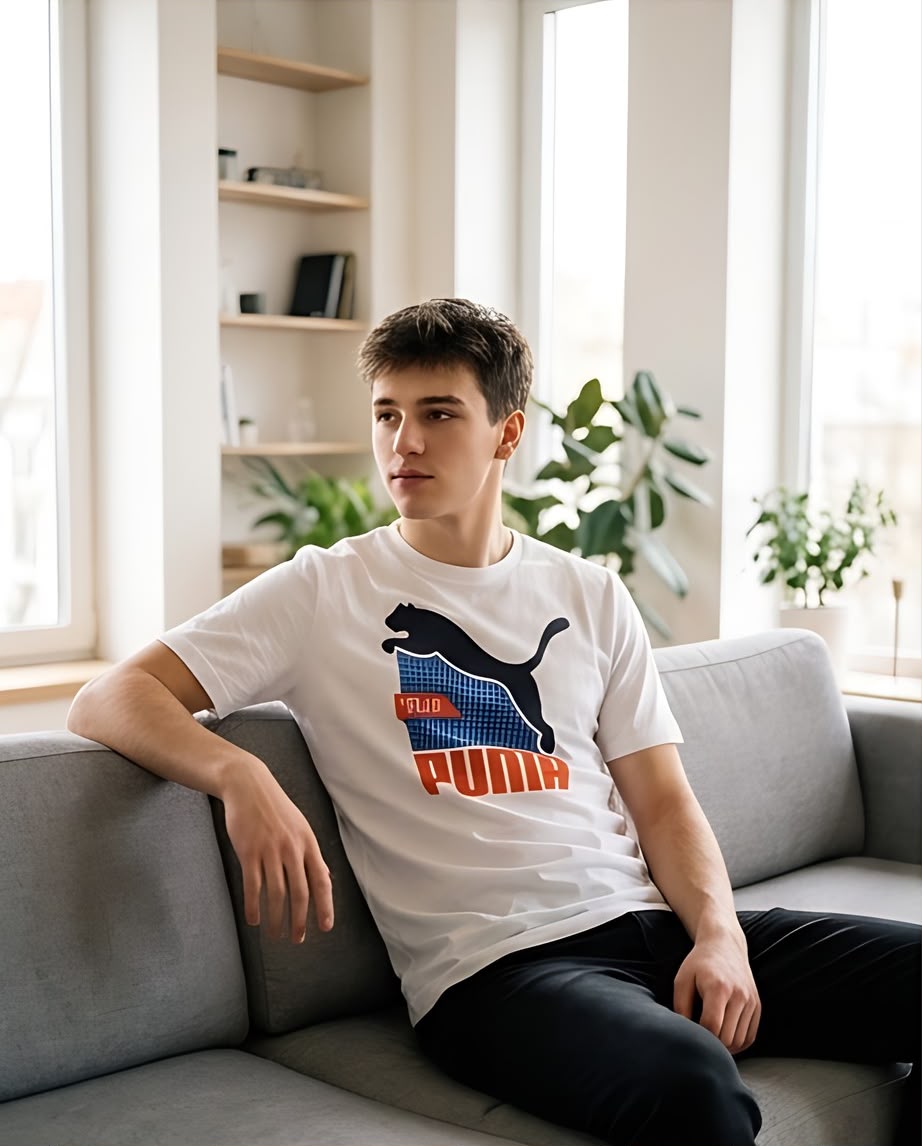 Camiseta Blanca con Estampado PUMA Azul y Naranja Regular Fit