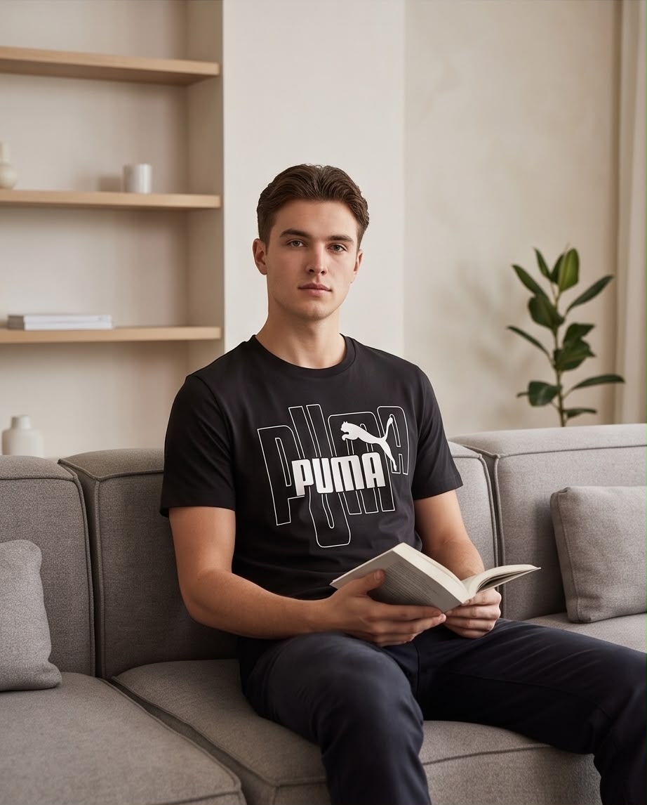 Camiseta Negra PUMA Letras Delineadas Blancas Regular Fit