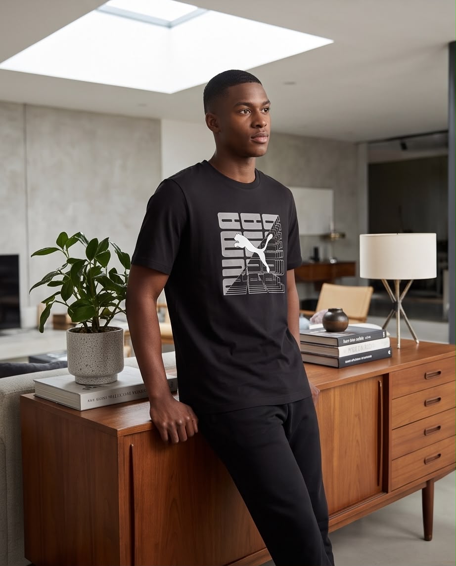 Camiseta Negra PUMA Geométrica Gris y Blanco Regular Fit