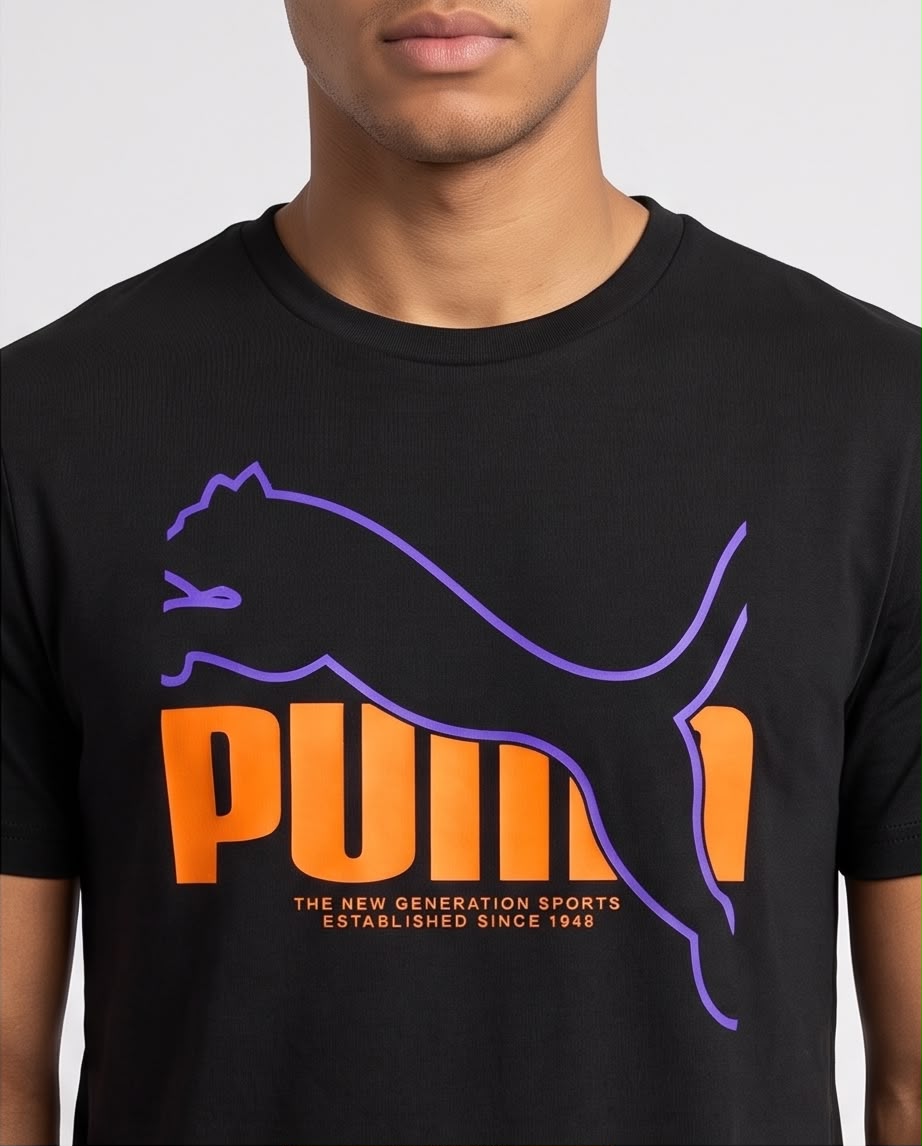 Camiseta Negra PUMA Naranja y Violeta Regular Fit