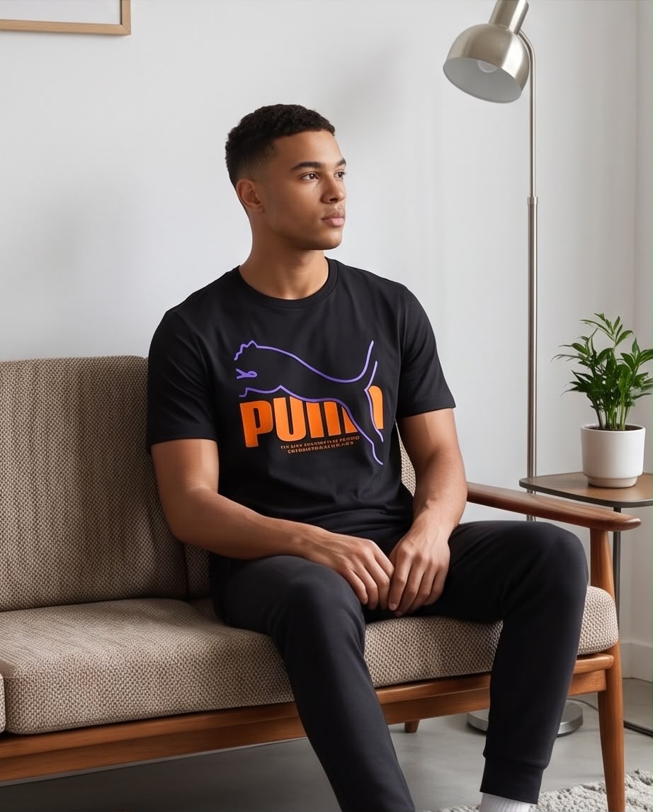 Camiseta Negra PUMA Naranja y Violeta Regular Fit