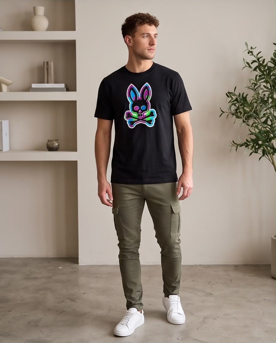 Camiseta Negra Conejo Multicolor con Borde Blanco Regular Fit