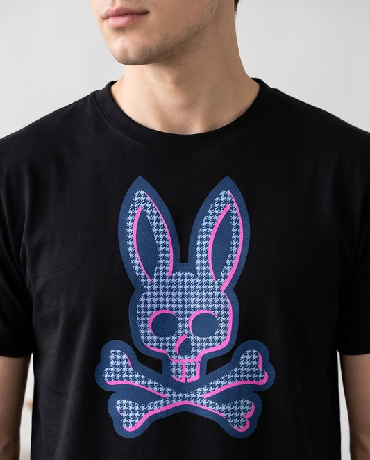 Camiseta Negra Conejo Pata de Gallo Azul y Fucsia Regular Fit