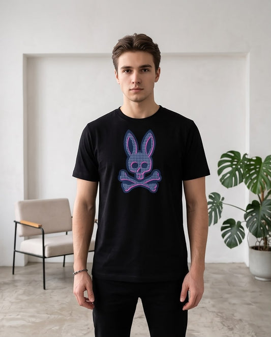 Camiseta Negra Conejo Pata de Gallo Azul y Fucsia Regular Fit