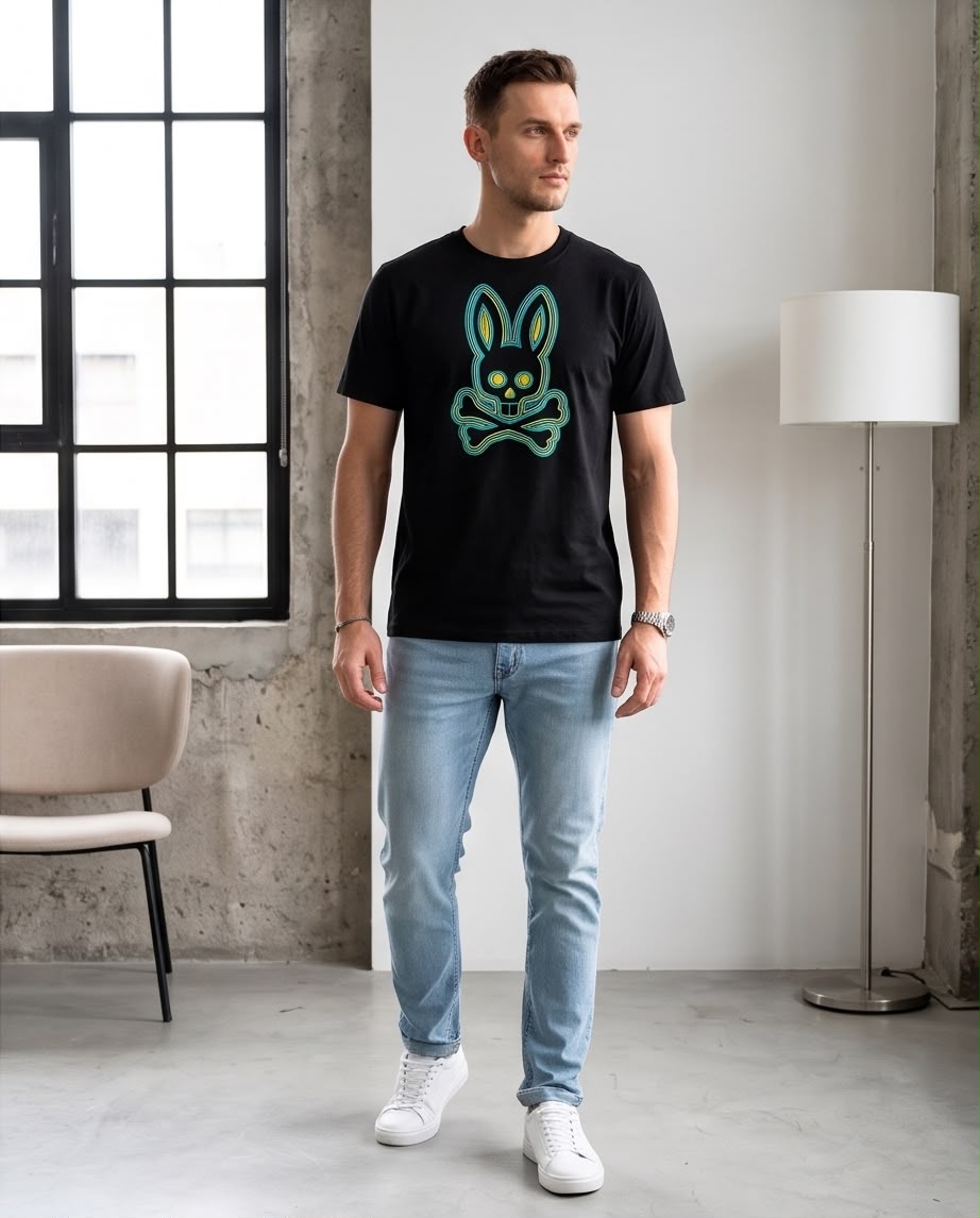 Camiseta Negra Conejo Delineado Turquesa y Amarillo Regular Fit