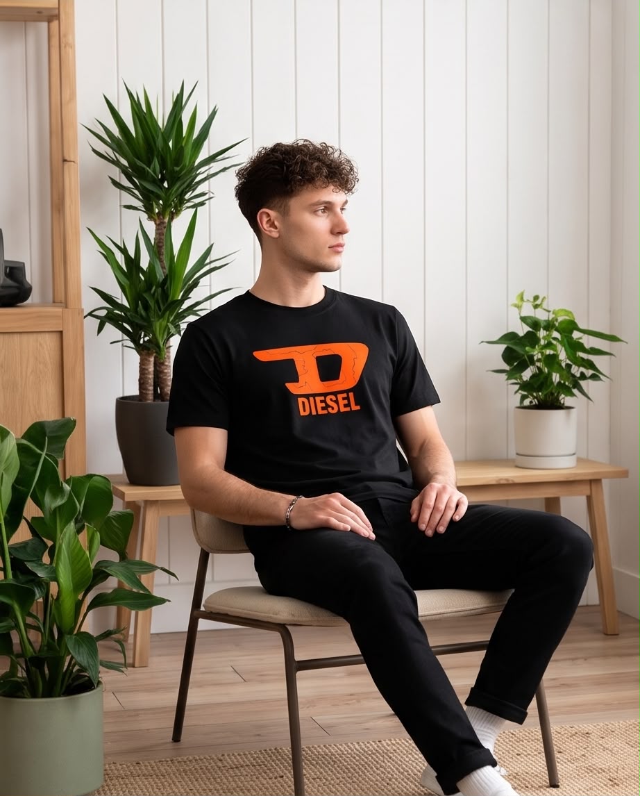 Camiseta Negra DIESEL Logo Naranja Efecto Agrietado Regular Fit