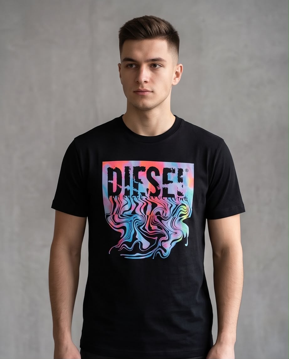 Camiseta Negra DIESEL Ondas Multicolor Regular Fit