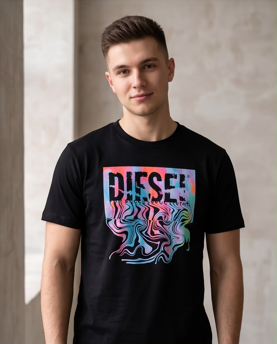 Camiseta Negra DIESEL Ondas Multicolor Regular Fit