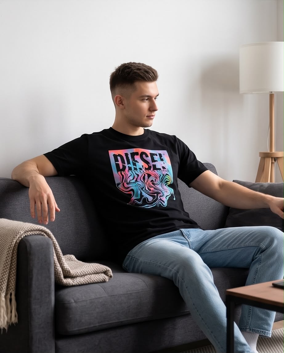 Camiseta Negra DIESEL Ondas Multicolor Regular Fit