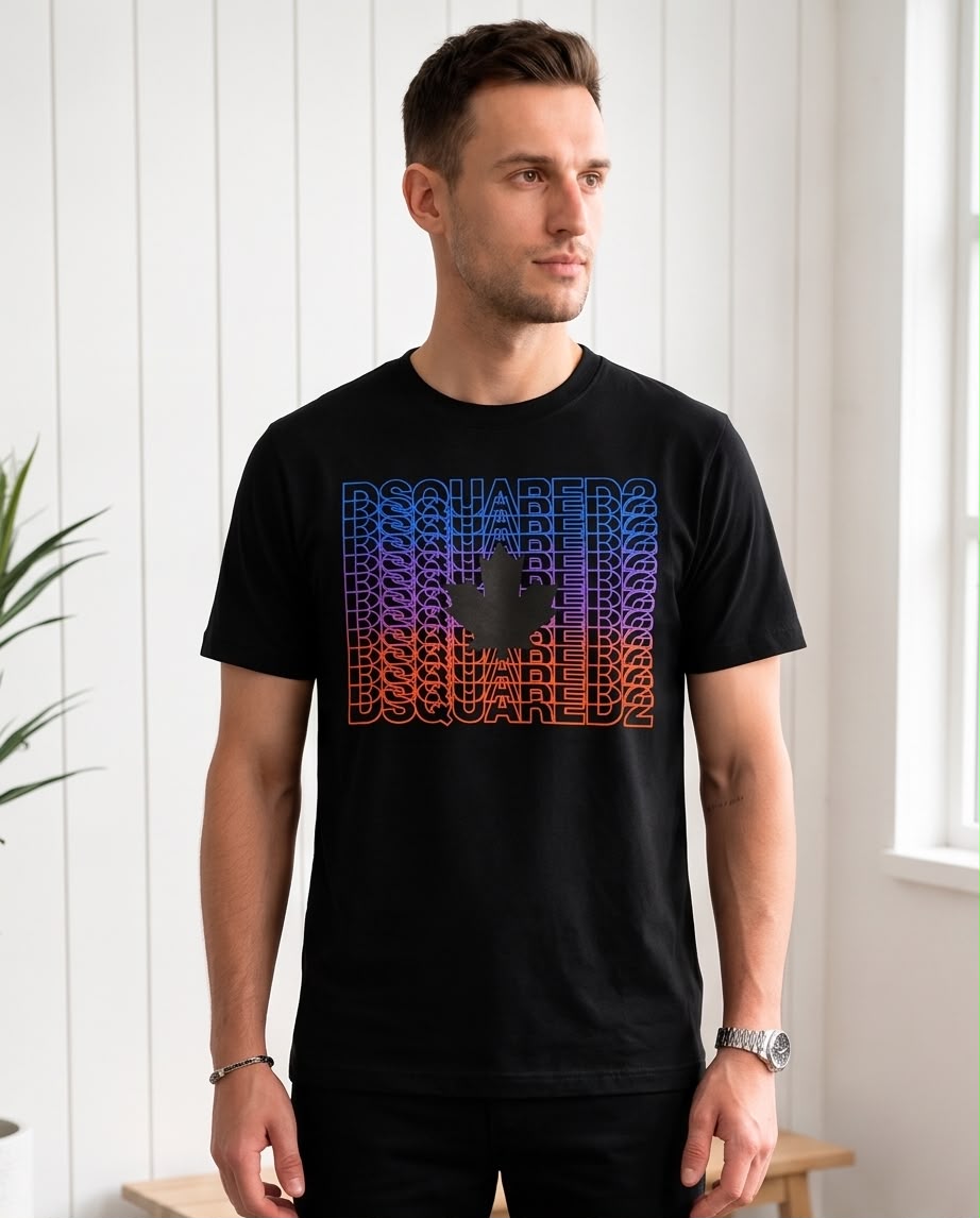Camiseta Negra DSQUARED2 Letras Degradadas y Hoja Central Regular Fit