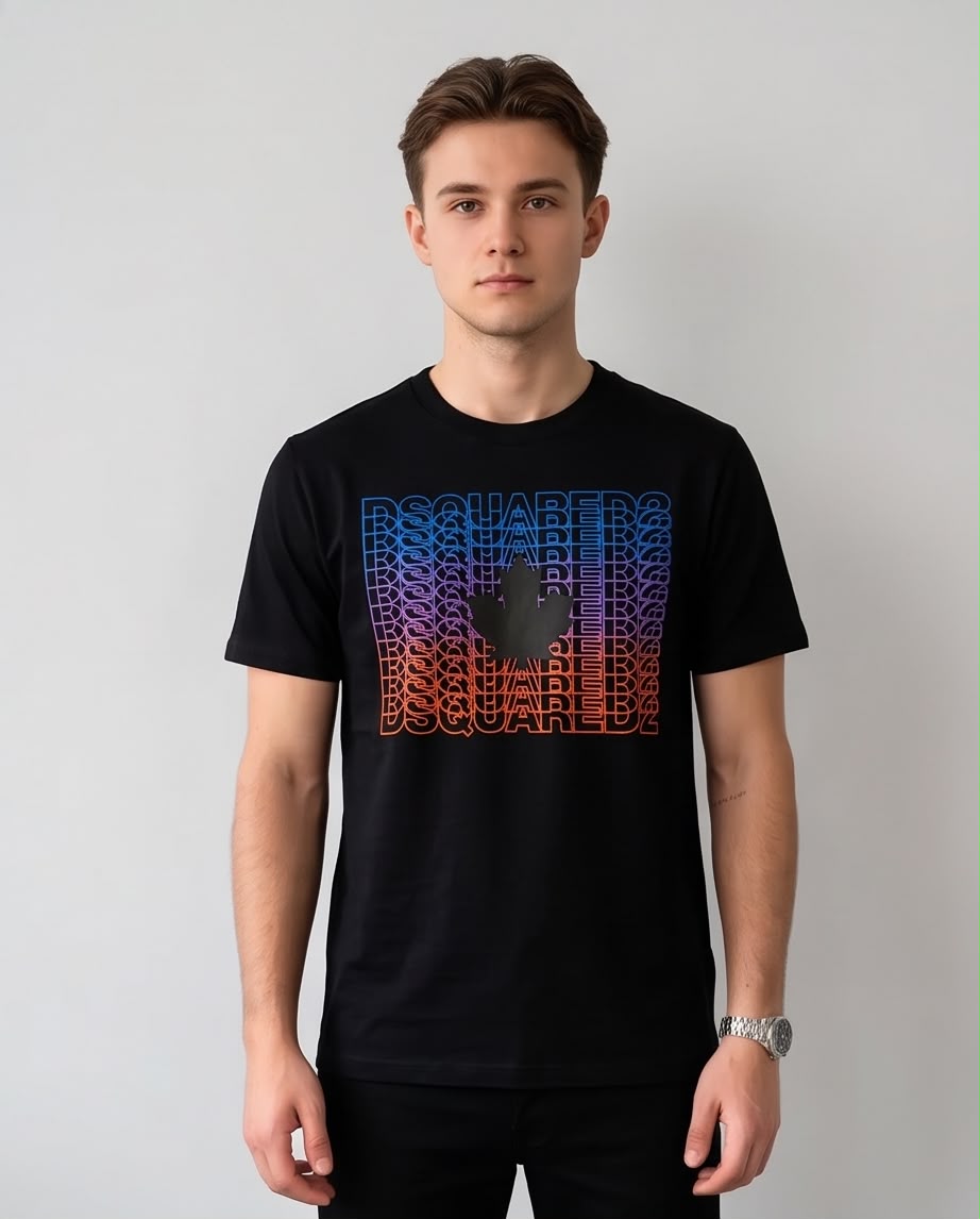 Camiseta Negra DSQUARED2 Letras Degradadas y Hoja Central Regular Fit