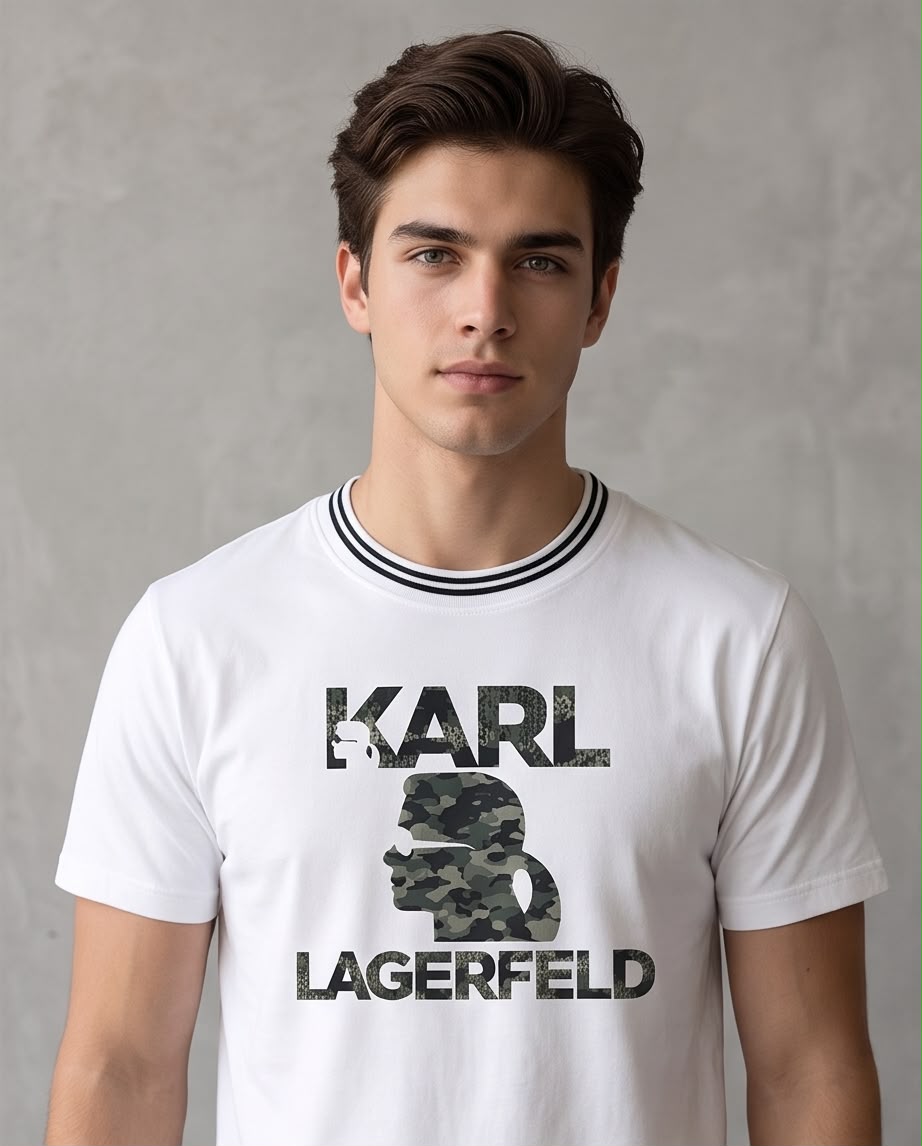 Camiseta Blanca KARL LAGERFELD Camuflada Cuello Rayado Regular Fit