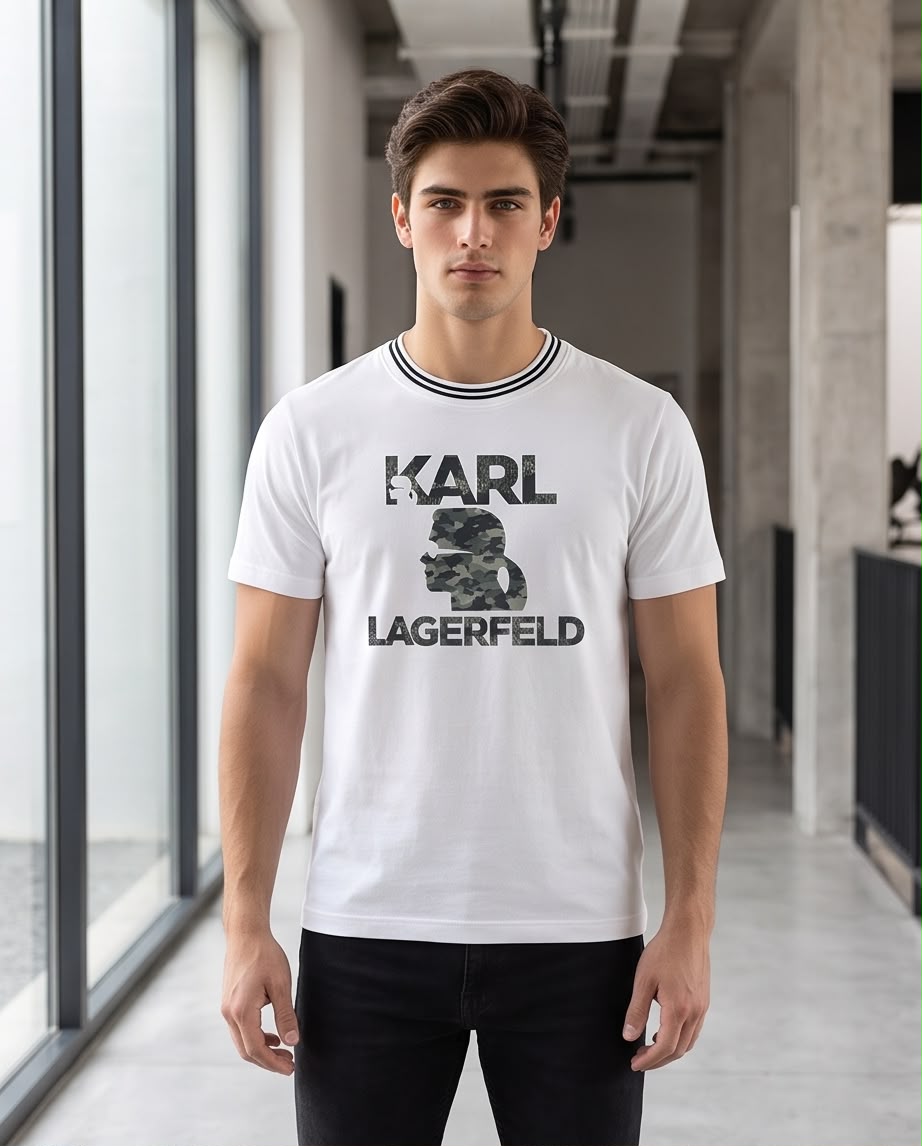 Camiseta Blanca KARL LAGERFELD Camuflada Cuello Rayado Regular Fit