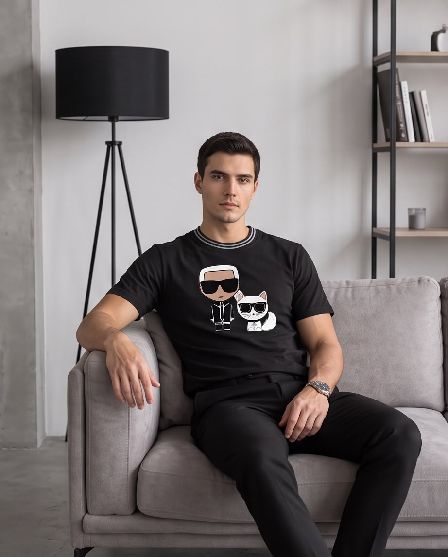 Camiseta Negra Karl y Gato con Gafas Cuello Rayado Regular Fit