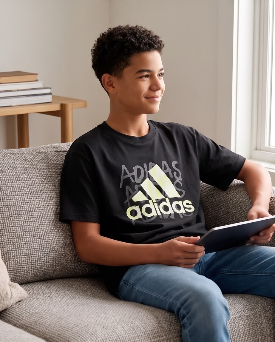 Camiseta Niño adidas Logo Amarillo Claro Fondo Letras Grises Negra Semi Oversize