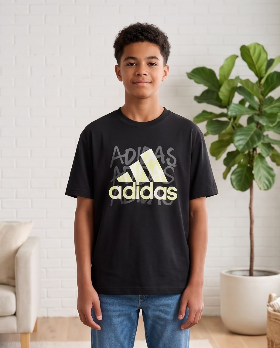 Camiseta Niño adidas Logo Amarillo Claro Fondo Letras Grises Negra Semi Oversize