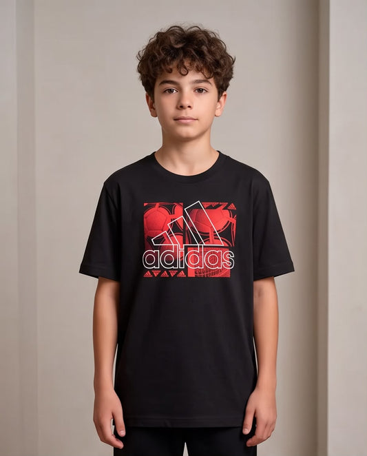 Camiseta Niño adidas Balones Rojos Logo Contorno Blanco Negra Semi Oversize