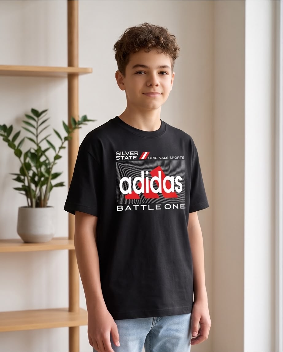 Camiseta Niño adidas Battle One Logo Rojo Letras Blancas Negra Semi Oversize