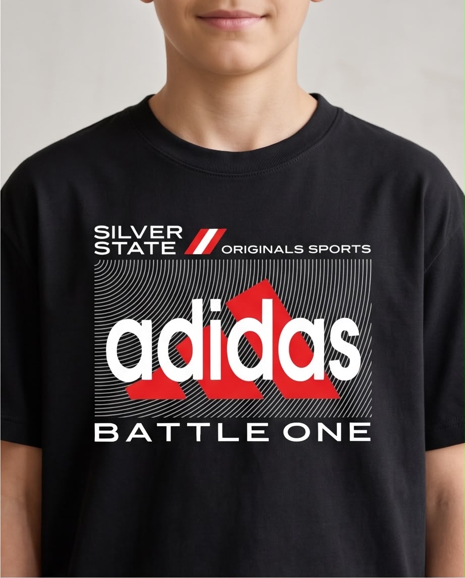Camiseta Niño adidas Battle One Logo Rojo Letras Blancas Negra Semi Oversize