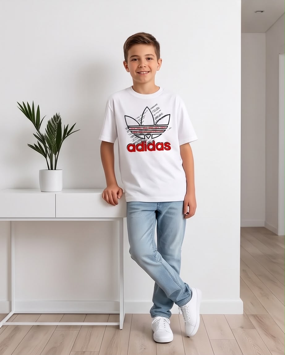 Camiseta Niño adidas Trébol Delineado Letras Rojas Blanca Semi Oversize