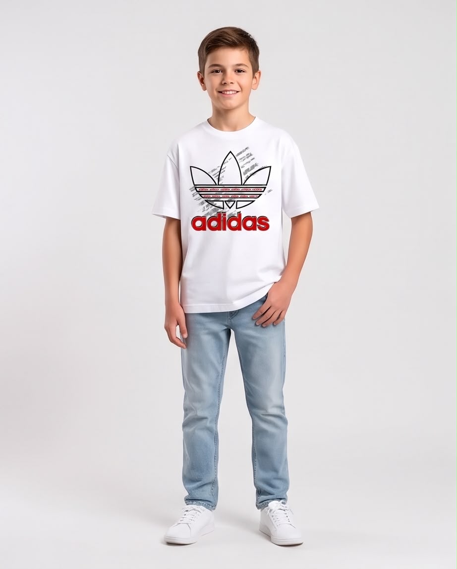 Camiseta Niño adidas Trébol Delineado Letras Rojas Blanca Semi Oversize