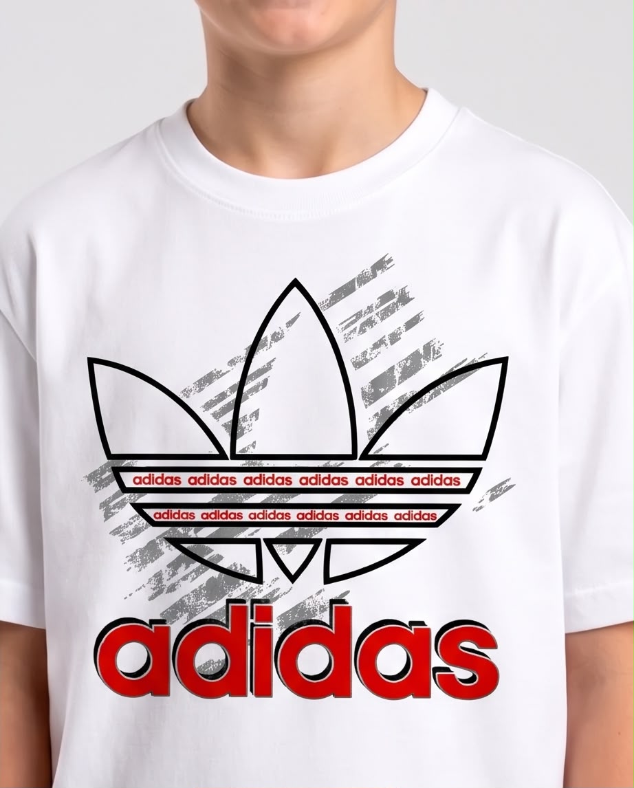 Camiseta Niño adidas Trébol Delineado Letras Rojas Blanca Semi Oversize
