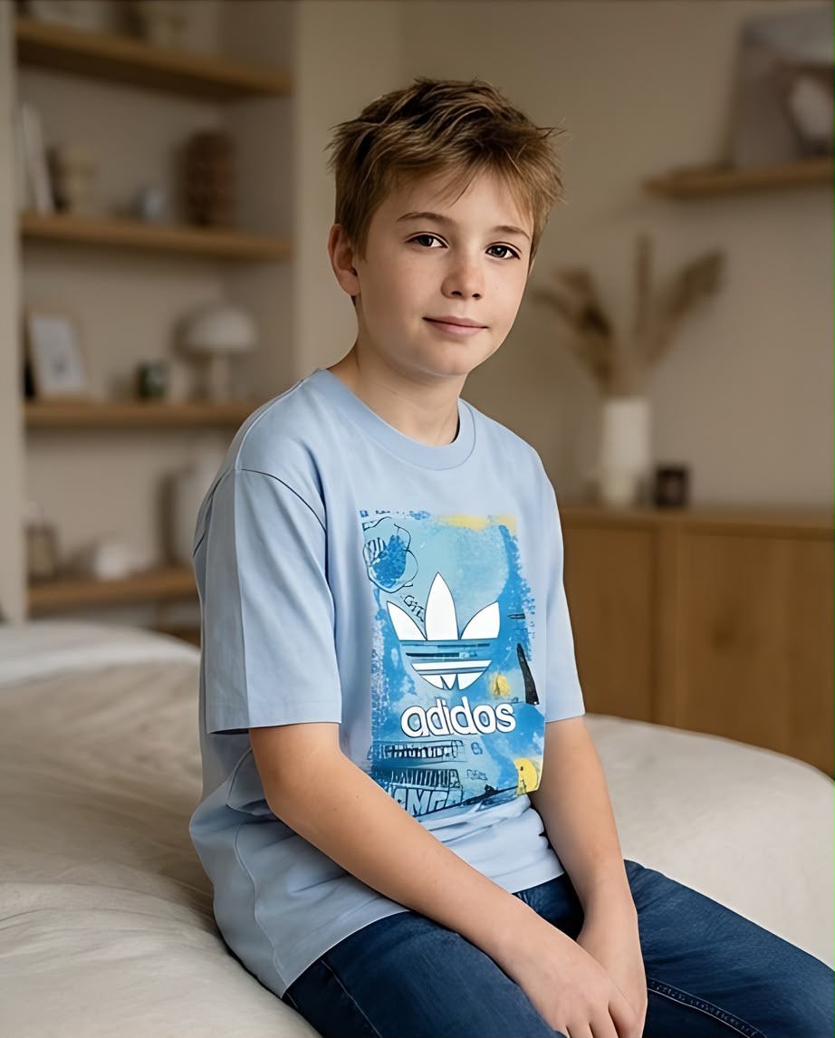 Camiseta Niño adidas Trébol Blanco Collage Azul y Amarillo Azul Cielo Semi Oversize