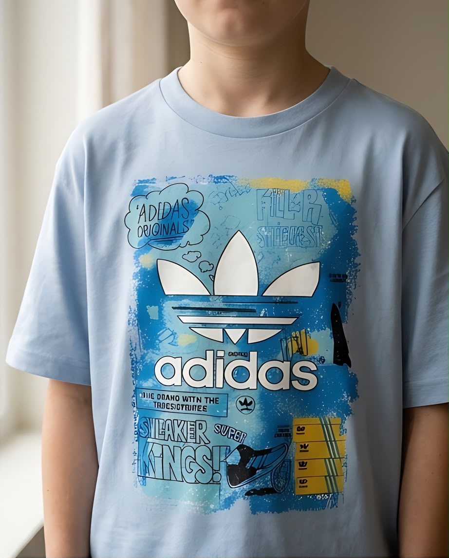 Camiseta Niño adidas Trébol Blanco Collage Azul y Amarillo Azul Cielo Semi Oversize