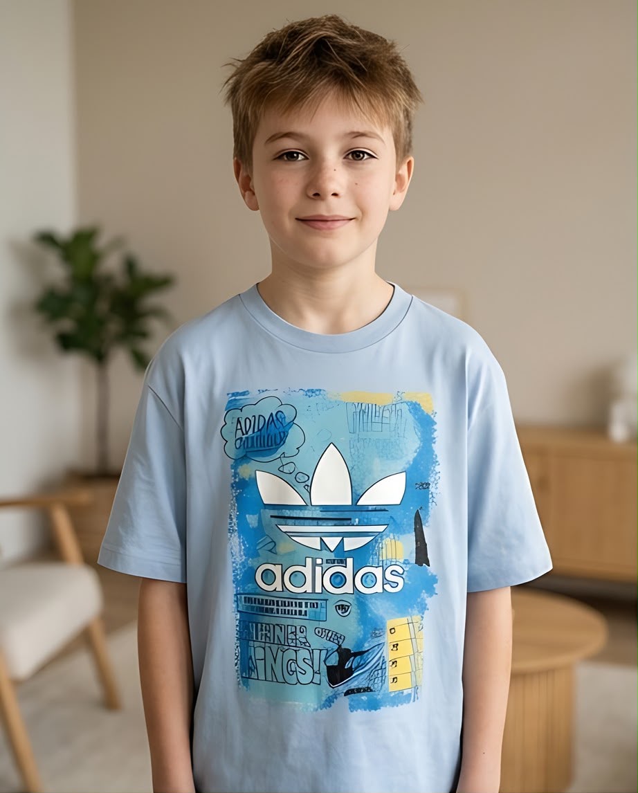 Camiseta Niño adidas Trébol Blanco Collage Azul y Amarillo Azul Cielo Semi Oversize