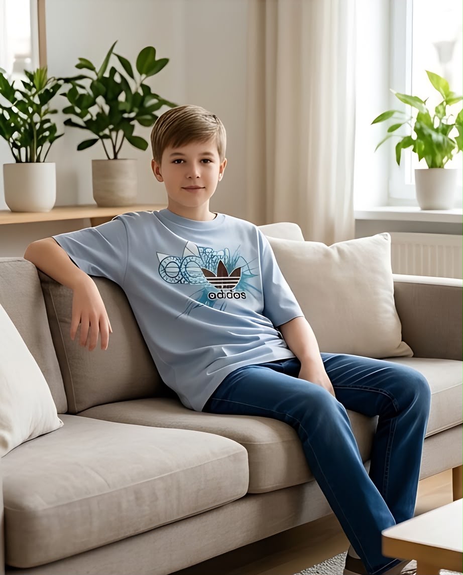 Camiseta Niño adidas Trébol Oscuro Salpicaduras Turquesa Azul Cielo Semi Oversize