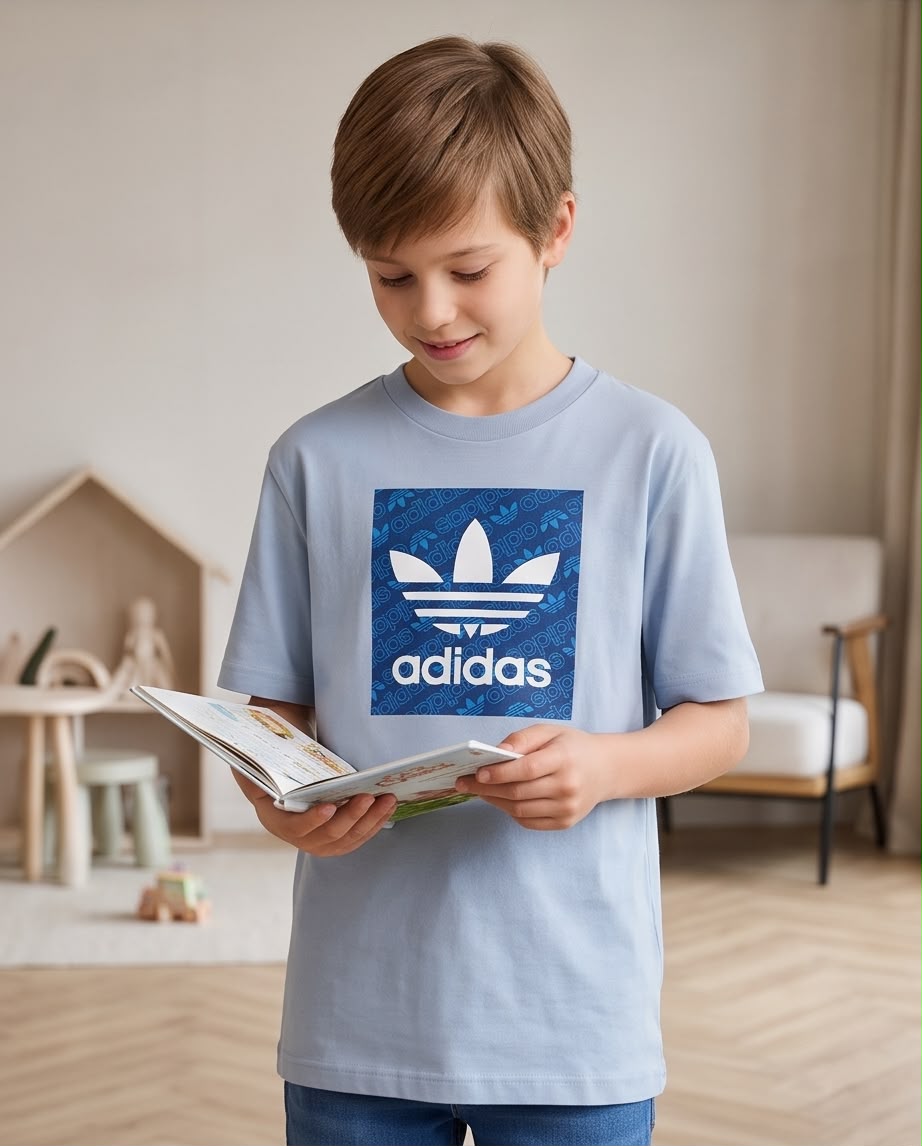 Camiseta Niño adidas Trébol Blanco Recuadro Azul Monograma Azul Cielo Semi Oversize