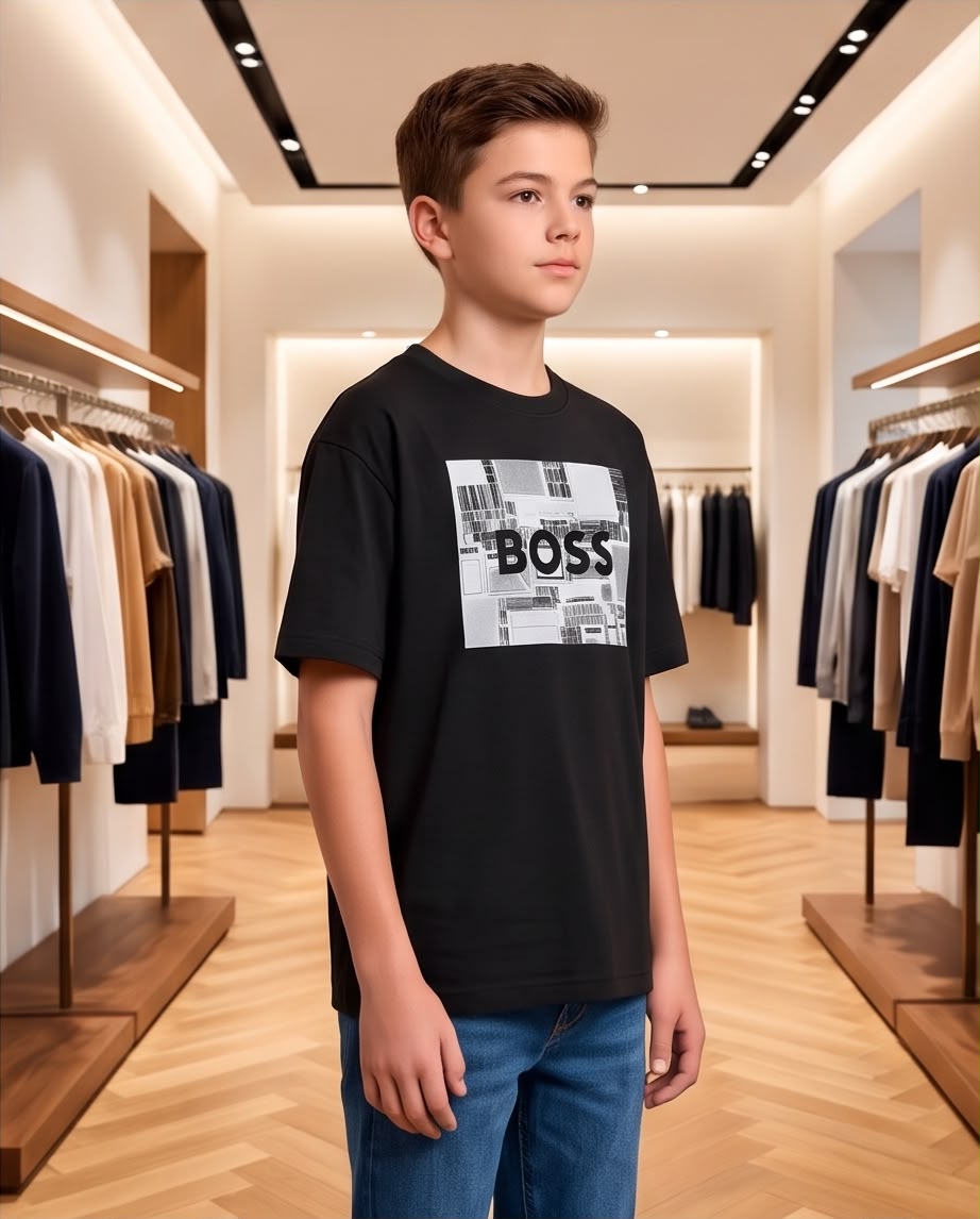 Camiseta Niño BOSS Collage Blanco y Gris Letras Negras Negra Semi Oversize