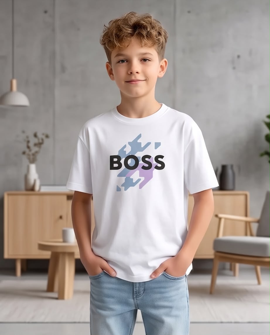 Camiseta Niño BOSS Letras Negras Geométrico Azul y Lila Blanca Semi Oversize