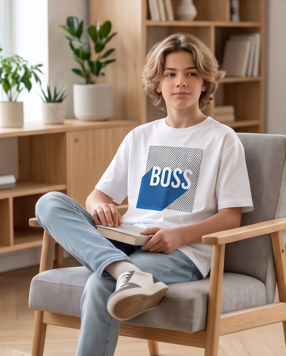 Camiseta Niño BOSS Letras Blancas Geométrico Azul Fondo Punteado Blanca Semi Oversize