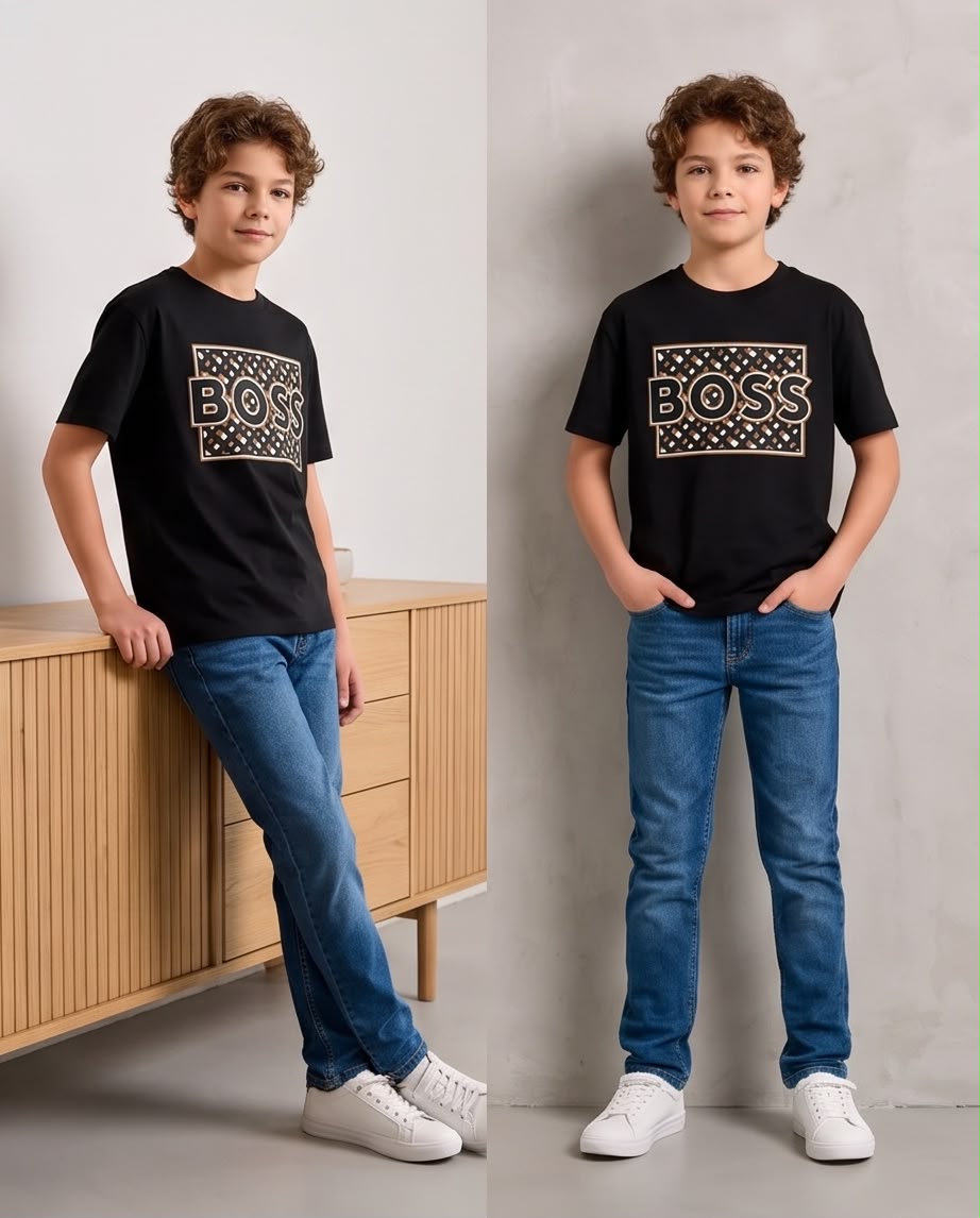 Camiseta Niño BOSS Rombos Blancos y Cafés Negra Semi Oversize