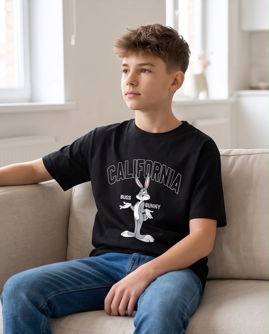 Camiseta Niño Bugs Bunny California Negra Semi Oversize